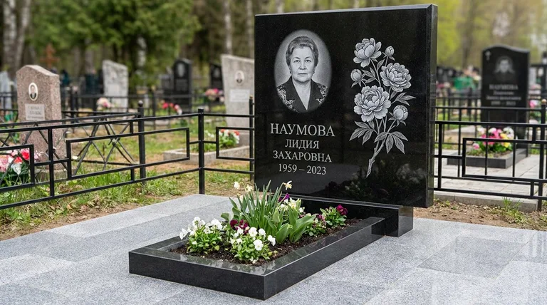 Памятник с гравировкой пионов — выполненная работа «Наумова» в Новосибирске