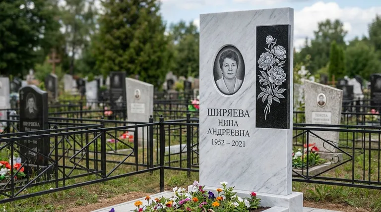 Памятник с гравировкой пионов — выполненная работа «Ширяева» в Новосибирске