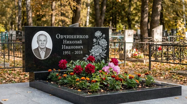 Памятник с гравировкой пионов — выполненная работа «Овчинников» в Новосибирске