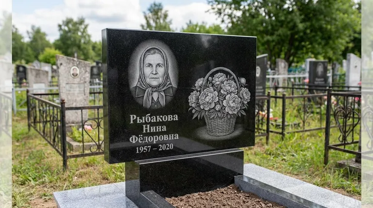 Памятник с гравировкой пионов — выполненная работа «Рыбакова» в Новосибирске