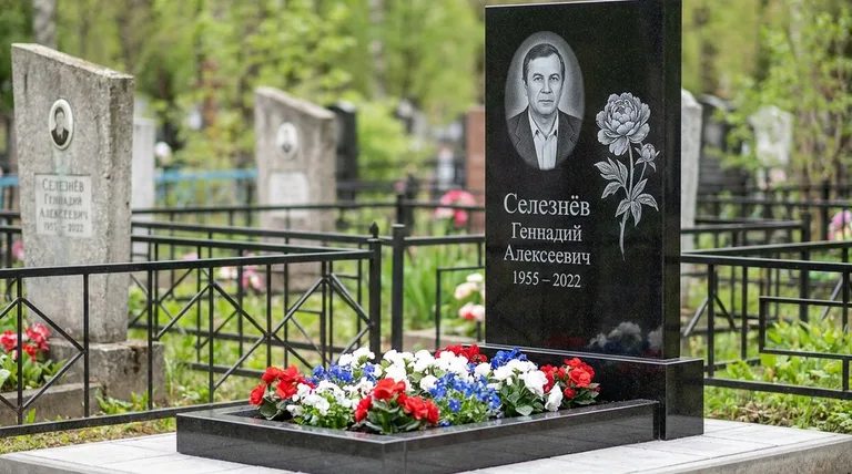 Памятник с гравировкой пионов — выполненная работа «Селезнёв» в Новосибирске