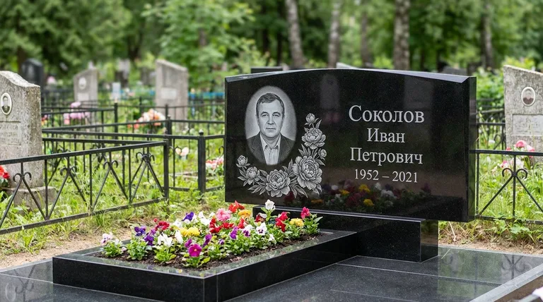 Памятник с гравировкой пионов — выполненная работа «Соколов» в Новосибирске