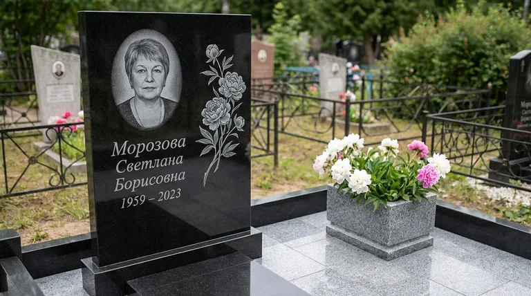 Памятник с гравировкой пионов — выполненная работа «Морозова» в Новосибирске