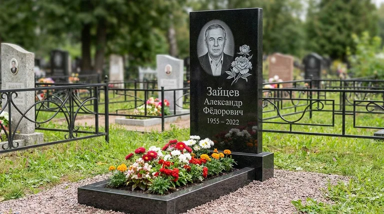 Памятник с гравировкой пионов — выполненная работа «Зайцев» в Новосибирске