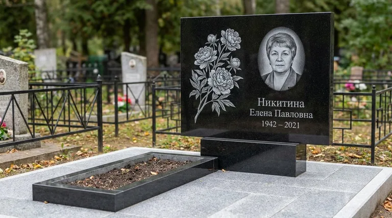 Памятник с гравировкой пионов — выполненная работа «Никитина» в Новосибирске