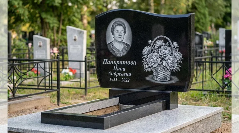 Памятник с гравировкой пионов — выполненная работа «Панкратова» в Новосибирске