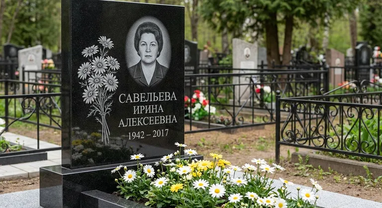 Памятник с гравировкой ромашек — выполненная работа «Савельева» в Новосибирске