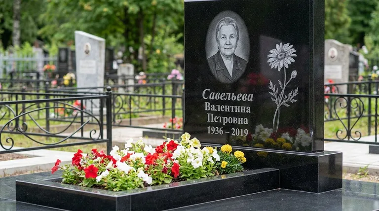Памятник с гравировкой ромашек — выполненная работа «Савельева» в Новосибирске