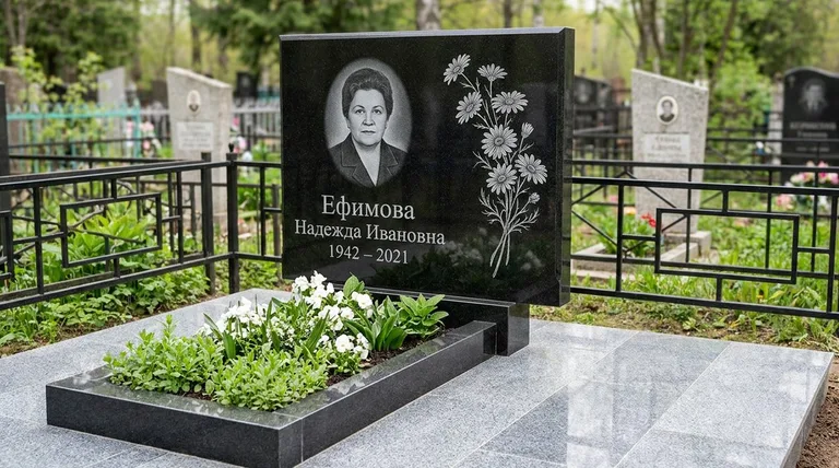 Памятник с гравировкой ромашек — выполненная работа «Ефимова» в Новосибирске