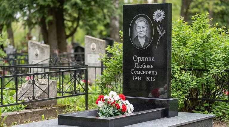 Памятник с гравировкой ромашек — выполненная работа «Орлова» в Новосибирске