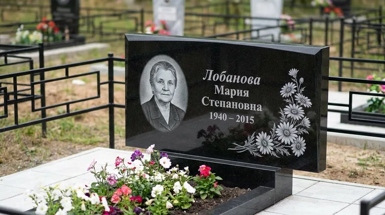 Памятник с гравировкой ромашек — выполненная работа «Лобанова» в Новосибирске