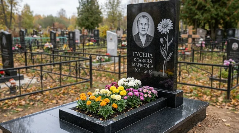 Памятник с гравировкой ромашек — выполненная работа «Гусева» в Новосибирске