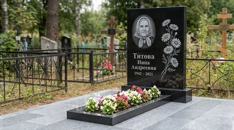 Памятник с гравировкой ромашек — выполненная работа «Титова» в Новосибирске