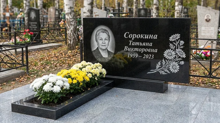 Памятник с гравировкой ромашек — выполненная работа «Сорокина» в Новосибирске