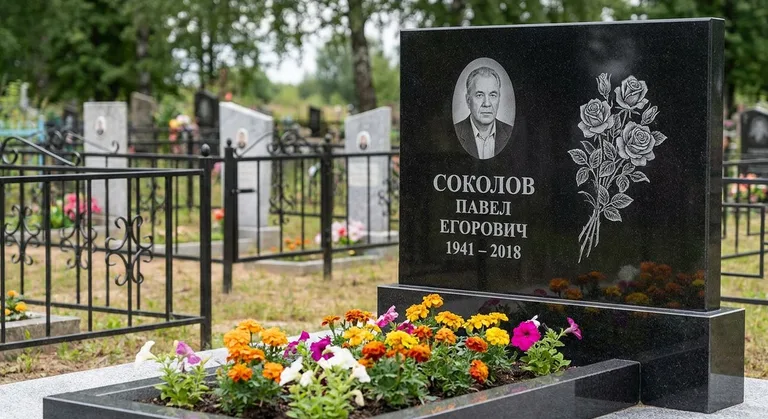 Памятник с гравировкой роз — выполненная работа «Соколов» в Новосибирске