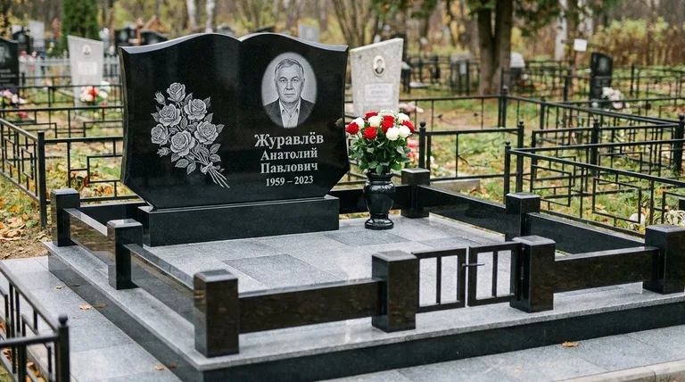 Памятник с гравировкой роз — выполненная работа «Журавлёв» в Новосибирске