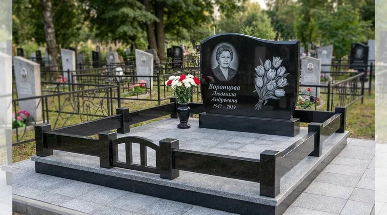Памятник с гравировкой тюльпанов — выполненная работа «Воронцова» в Новосибирске