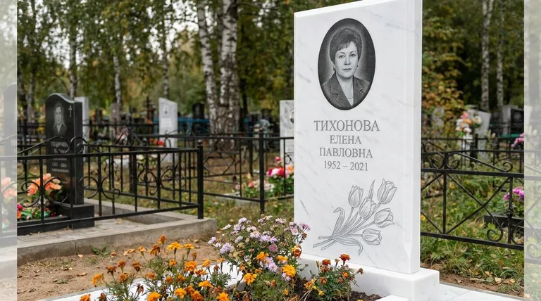 Памятник с гравировкой тюльпанов — выполненная работа «Тихонова» в Новосибирске