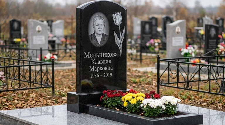 Памятник с гравировкой тюльпанов — выполненная работа «Мельникова» в Новосибирске