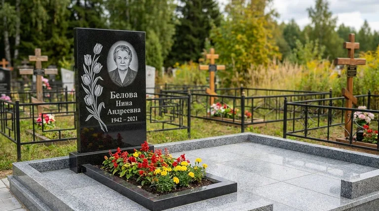 Памятник с гравировкой тюльпанов — выполненная работа «Белова» в Новосибирске