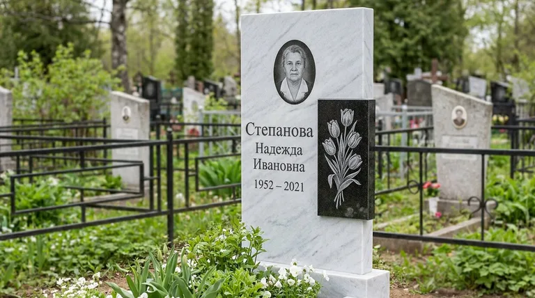 Памятник с гравировкой тюльпанов — выполненная работа «Степанова» в Новосибирске