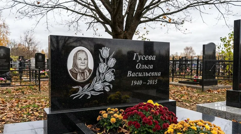 Памятник с гравировкой тюльпанов — выполненная работа «Гусева» в Новосибирске