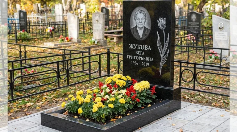 Памятник с гравировкой тюльпанов — выполненная работа «Жукова» в Новосибирске