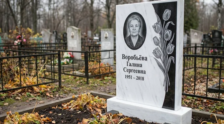 Памятник с гравировкой тюльпанов — выполненная работа «Воробьёва» в Новосибирске