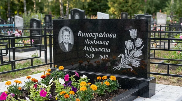 Памятник с гравировкой тюльпанов — выполненная работа «Виноградова» в Новосибирске