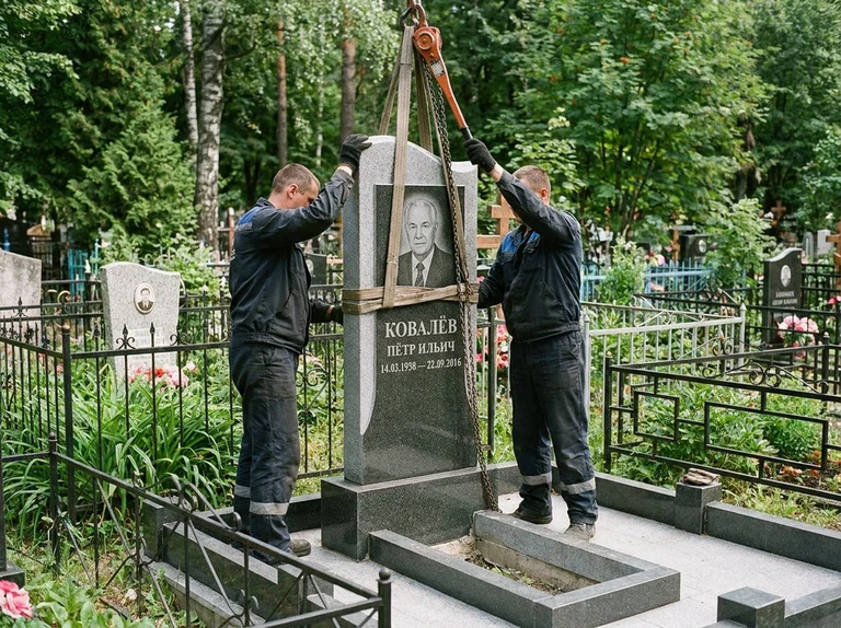 Демонтаж памятника на кладбище в Новосибирске — бригада аккуратно снимает старый гранитный памятник с могилы