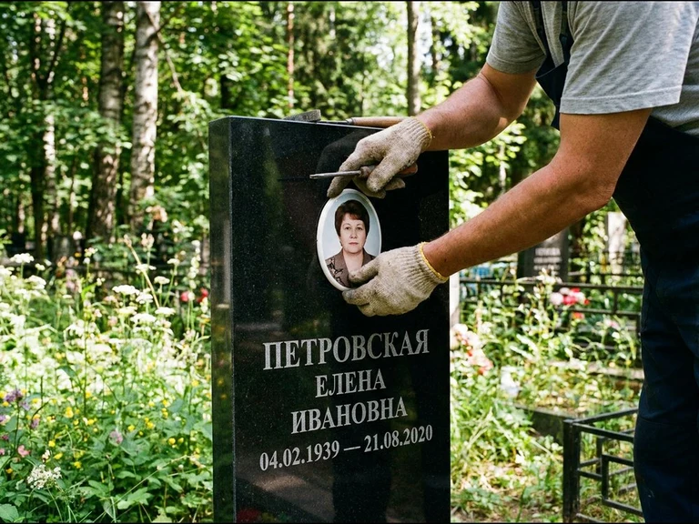 Фото на керамике на памятник в Новосибирске — мастер устанавливает овальный керамический портрет на гранитный памятник