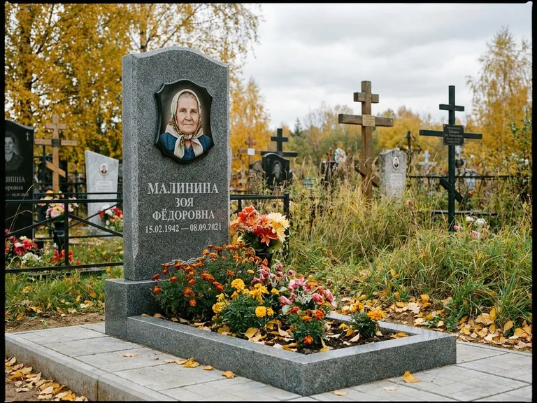 Чёрно-белый керамический портрет на памятнике в Новосибирске