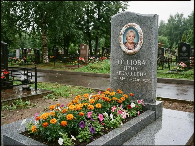 Керамический портрет на памятнике с цветами в Новосибирске