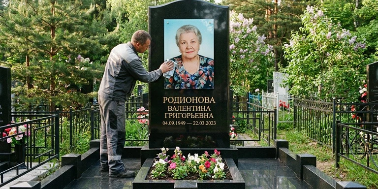Фотокерамика и печать фото на памятник в Новосибирске — мастер устанавливает цветной портрет на стекле на гранитный памятник