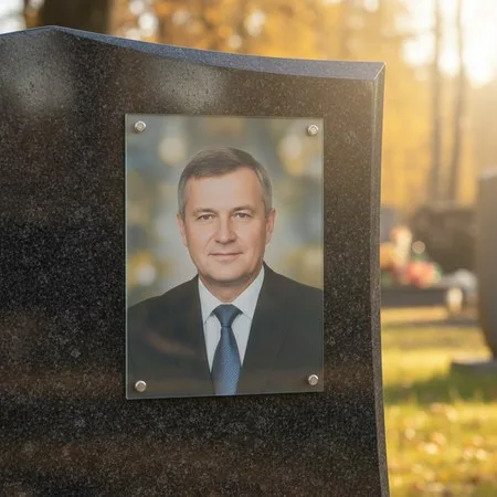 Портрет на стекле на держателях на чёрном граните в Новосибирске