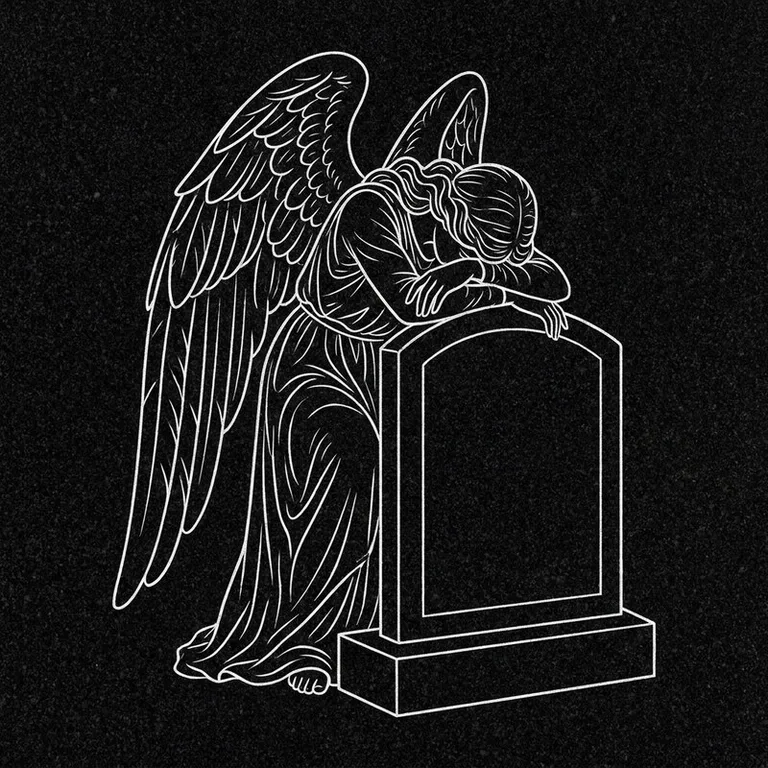 Эскиз гравировки ангела на памятник — печальный ангел у плиты в Новосибирске