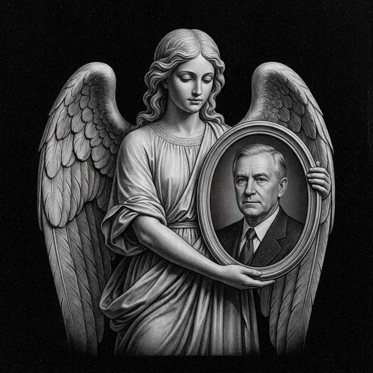 Эскиз гравировки ангела на памятник — объёмный ангел с портретом в Новосибирске