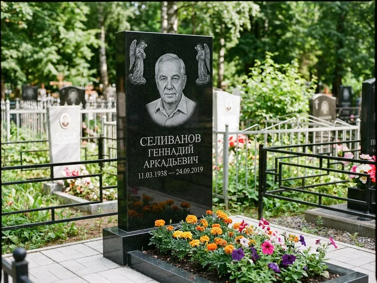 Памятник с гравировкой ангела — гравировка двух ангелов по сторонам портрета, работа «Селиванов» в Новосибирске