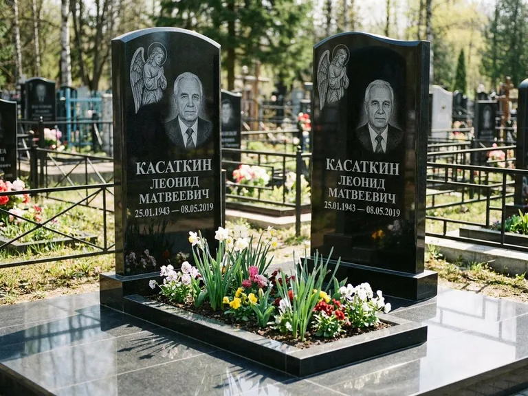 Памятник с гравировкой ангела — гравировка молящегося ангела в верхней части стелы, работа «Касаткин» в Новосибирске