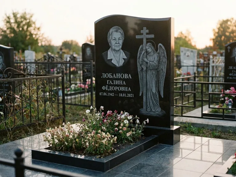 Памятник с гравировкой ангела — гравировка ангела с крестом рядом с эпитафией, работа «Лобанова» в Новосибирске