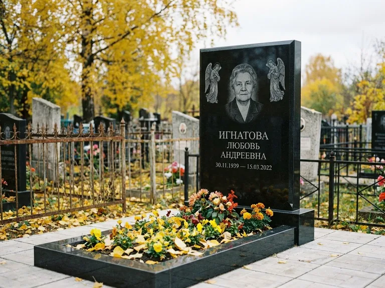Памятник с гравировкой ангела — гравировка двух ангелов по сторонам портрета, работа «Игнатова» в Новосибирске