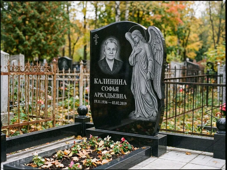 Памятник с гравировкой ангела — гравировка ангела с крестом рядом с эпитафией, работа «Игнатова» в Новосибирске