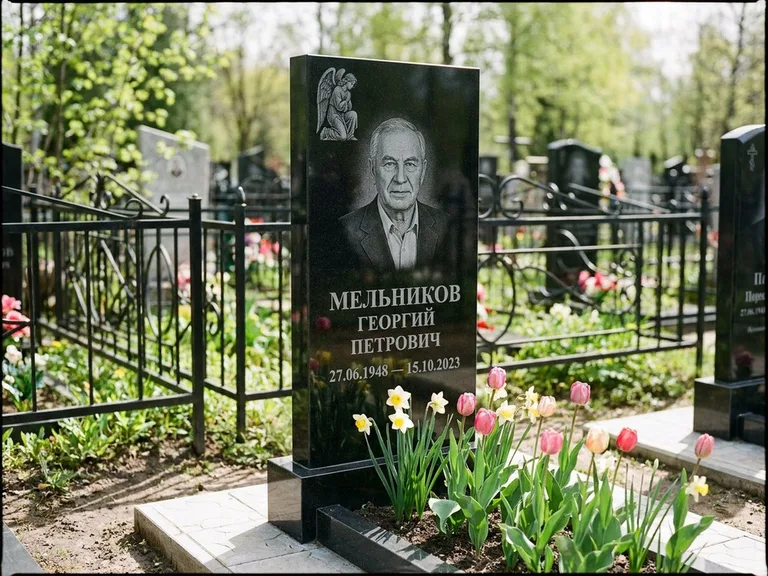 Памятник с гравировкой ангела — гравировка ангела с голубем по диагонали стелы, работа «Доронин» в Новосибирске