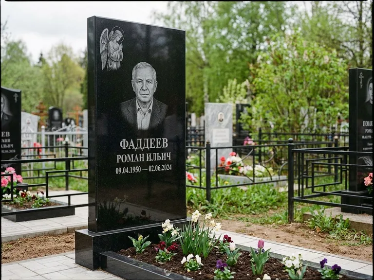 Памятник с гравировкой ангела — гравировка молящегося ангела в верхней части стелы, работа «Фаддеев» в Новосибирске
