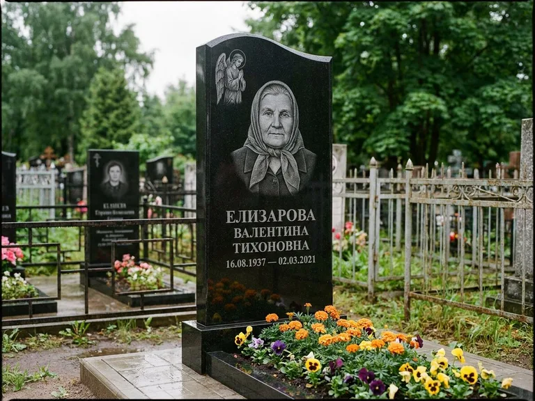 Памятник с гравировкой ангела — гравировка ангела с голубем по диагонали стелы, работа «Пантелеева» в Новосибирске