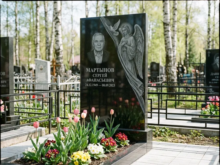 Памятник с гравировкой ангела — гравировка двух ангелов по сторонам портрета, работа «Касаткин» в Новосибирске