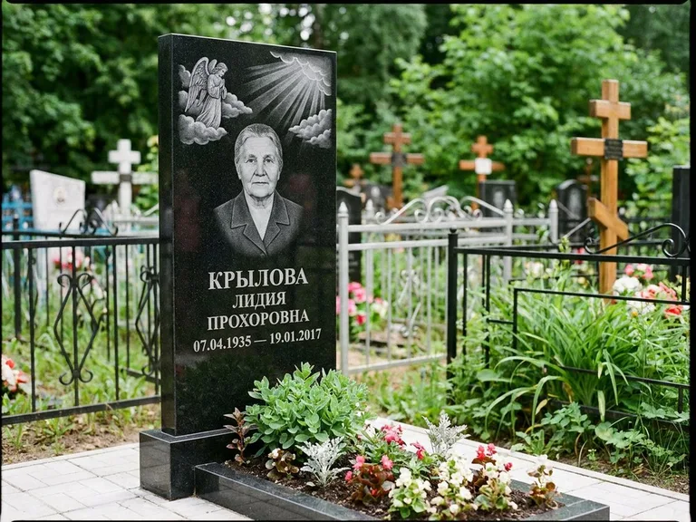 Памятник с гравировкой ангела — гравировка ангела в облаках с лучами над портретом, работа «Лобанова» в Новосибирске