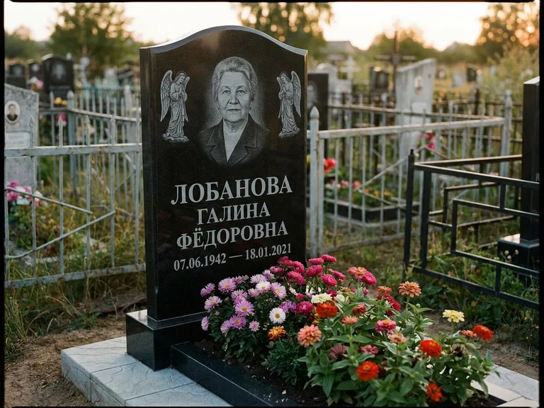 Памятник с гравировкой ангела — гравировка двух ангелов по сторонам портрета, работа «Лобанова» в Новосибирске