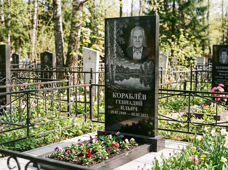 Памятник с гравировкой берёзы — гравировка берёзы у зеркального озера, работа «Кораблёв» в Новосибирске