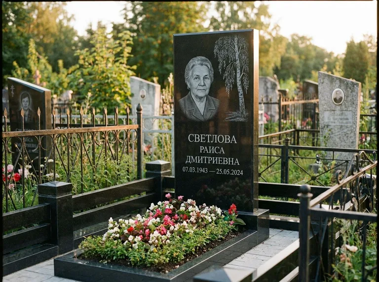 Памятник с гравировкой берёзы — гравировка плакучей берёзы с тонкими ветвями, работа «Светлова» в Новосибирске